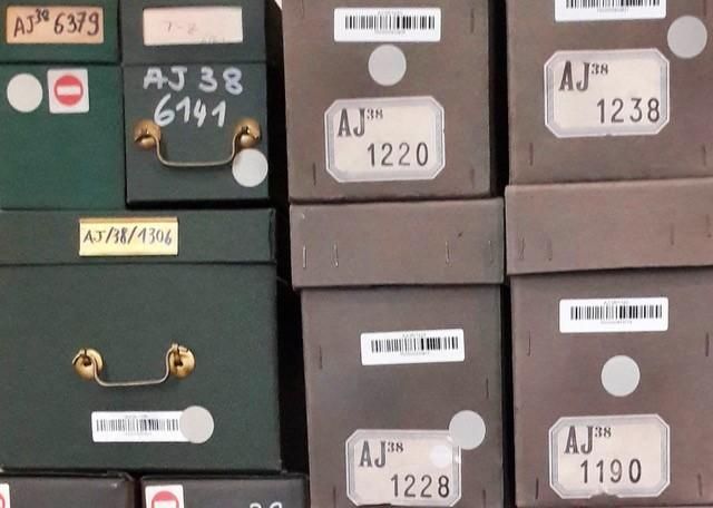 Labelled boxes of archives from the Archives Nationales in France
