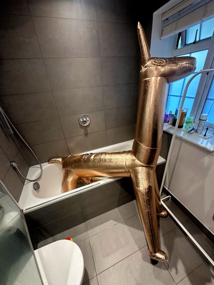 Golden inflatable llama in a bathroom