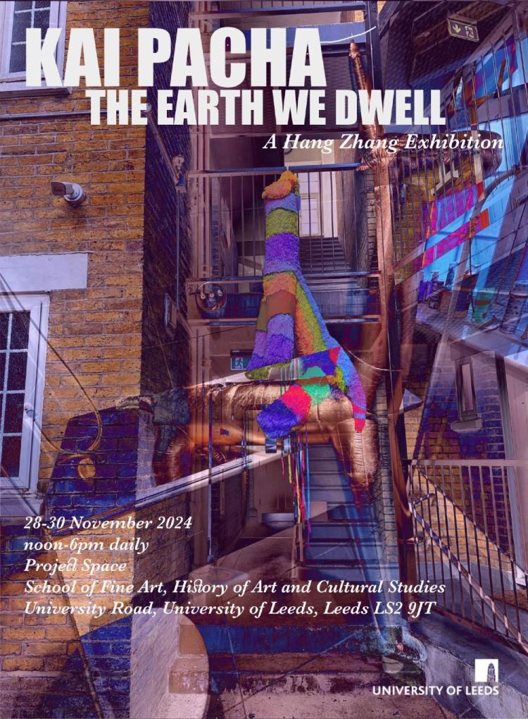 exhibition poster with image of an artwork created by Hang Zhang of an inflatable pinata which is installed on a residential block.