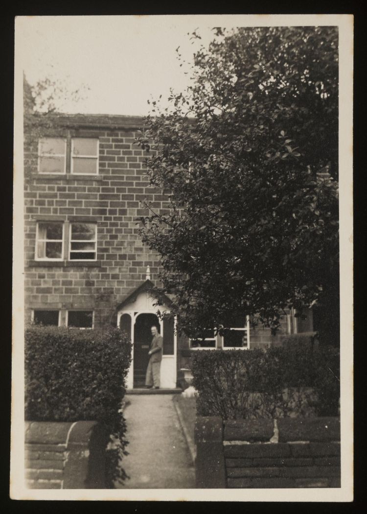 Maurice de Sausmarez outside his house on Lombard Street, Rawdon, where he lived during part of his tenure at the University of Leeds.