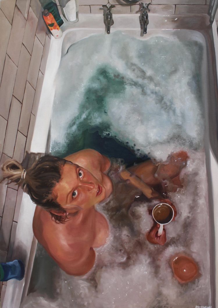 Self portrait oil painting by Abigail McGourlay in the bath drinking tea