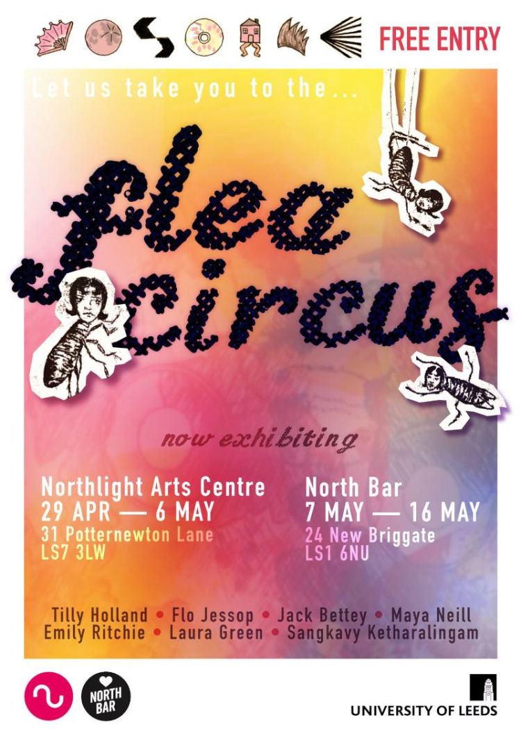 Flea Circus exhibition poster with design as background