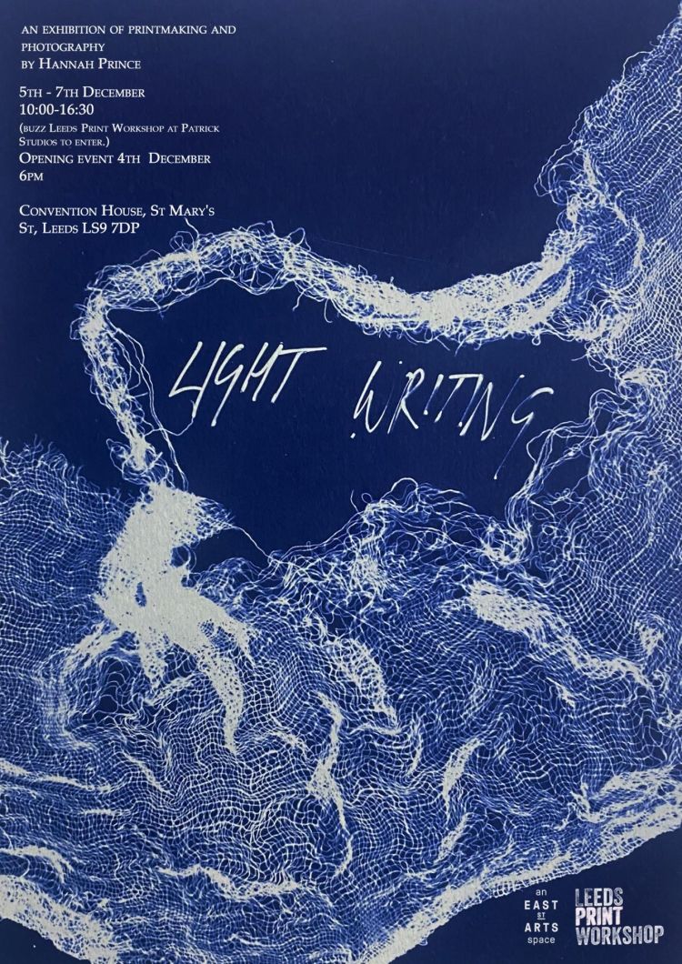 Poster for Light Writing exhibition in Leeds, 2025, showing artwork by Hannah Prince.