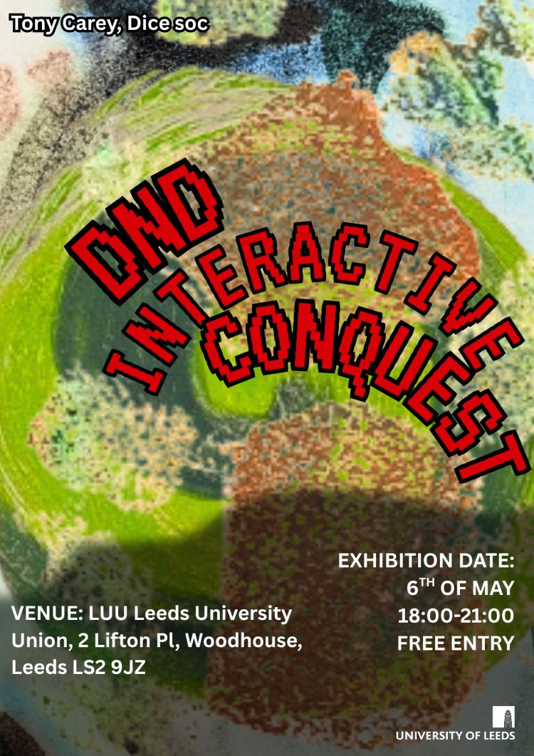 poster for an event at Leeds University Union with artwork by Tony Carey in the background