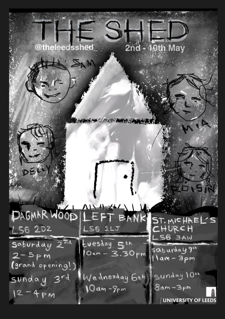 Poster for the Shed exhibition with an image of a shed in the background