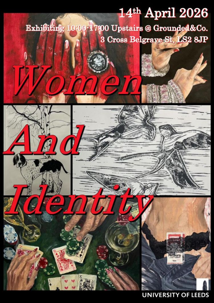 Poster for Women and Identity exhibition with various artworks in the background