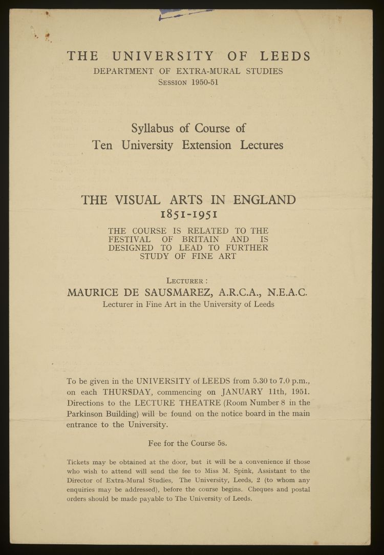 Printed leaflet for the University of Leeds Department of Extra-Mural Studies syllabus of a course of ten university extension lectures by Maurice de Sausmarez