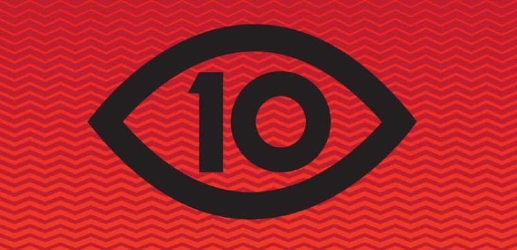Abstract line drawing of an eye with the letter 10 in the centre on a red background