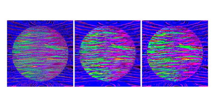 a repeated 3 images of a distorted circle in a square with a bright blue background