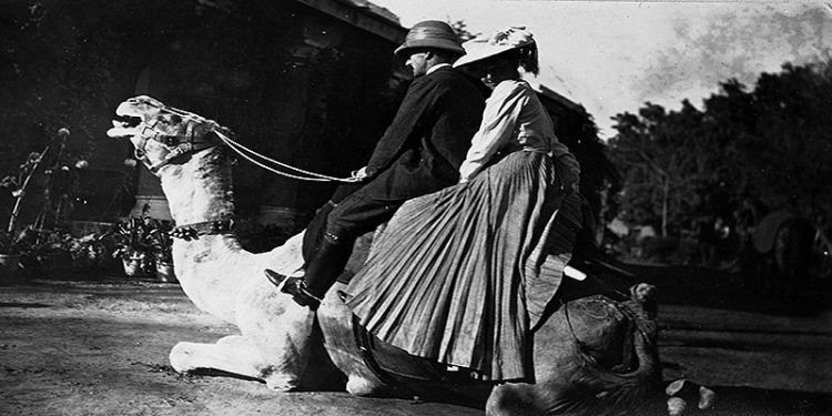 Louisa Pesel on a camel at the Khyber Pass in India, 1906. Image credit: Special Collections, University of Leeds