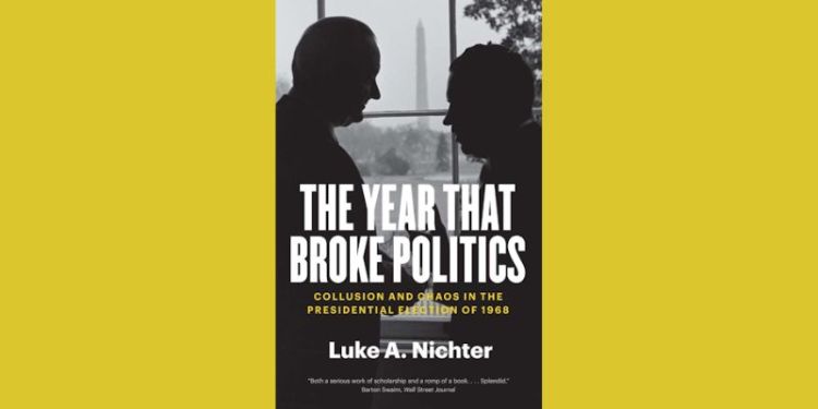 The book cover of The Year that Broke Politics. Two silhouetted figures look at each other