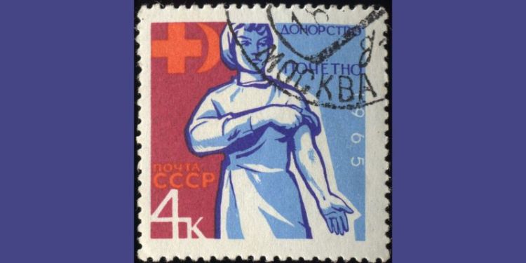 A Soviet-era stamp showing a woman baring her left arm ready to donate blood