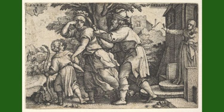 Abraham sending away Hagar and Ishmael: Abraham holds forth a vessel as Hagar and Ishmael stride before him