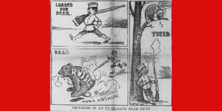 A cartoon showing a soldier hunting a bear. He shoots it. The bear, representing says "I wasn't prepared". The hunter, representing Japan, says "I haven't begun yet"