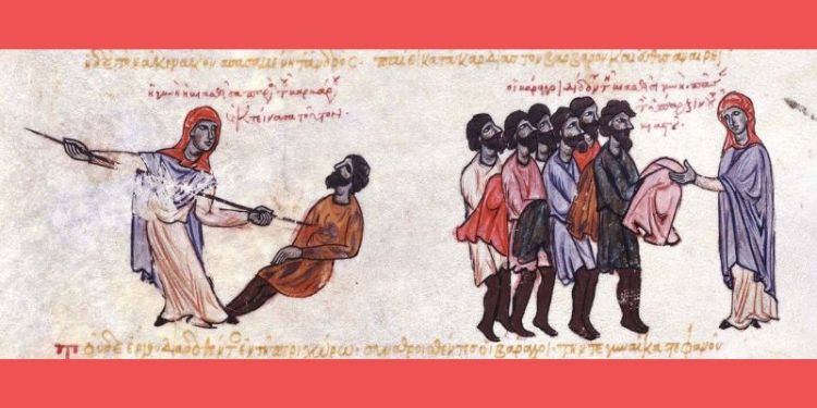 A Byzantine manuscript showing a woman attacking a member of the Varangian Guard