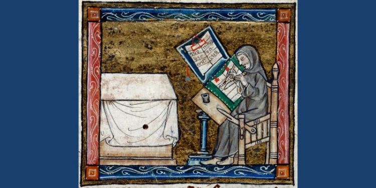 Medieval manuscript image showing a scribe copying from a manuscript