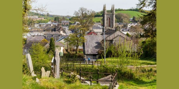 Houses trees and church in the town of Bailieborough, Ireland.
