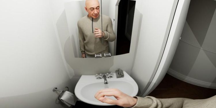 Virtual reality image of man looking in a mirror