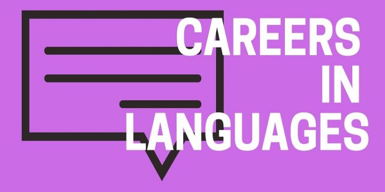 Purple poster slide with speech bubble and white text - Careers in Languages