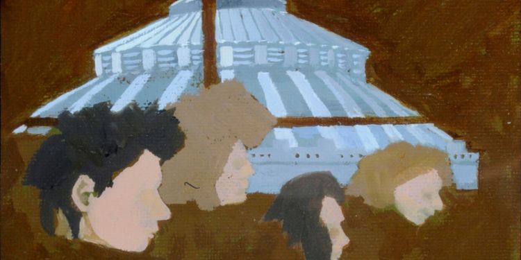 Painting of Brotherton Dome and meeting in Room 404, New Arts Block, Fine Arts dept., 15 Feb 1989, Stephen Chaplin