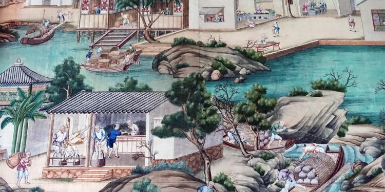 A scene of tea production from the wallpaper at harewood house