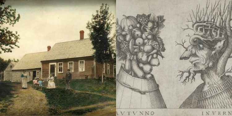 Two images, side by side. To the left is a photo of the home of Moses Glimes, Civil War Veteran, with people in the foreground. To the right is a detail from an image called Autumn and Winter showing two heads made from flora typical of those seasons