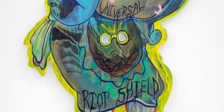 Detail from an enamel on wood artwork by Hardeep Pandhal entitled Universal Riot Shield.