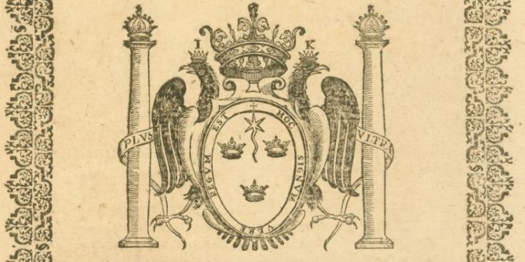 Sixteenth-century drawing of the arms of the city of Lima showing the double-headed Hapsburg eagle, a crown, the pillars of Hercules with "Plus Ultra" on them, three crowns, and a star with a tail in the centre.