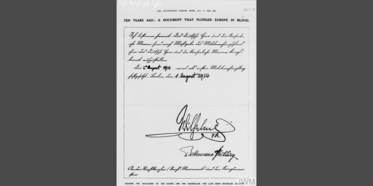 Black handwritten text in German with the signature of Kaiser Wilhelm II of Germany