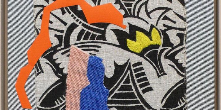 Detail from Tilt, a Needlepoint, fabric and card collage by Fiona Curran.