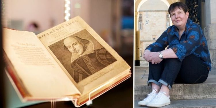 Left: Shakespeare&rsquo;s First Folio on display at the University of Leeds, right: Professor Emma Smith at Hertford College, Oxford.