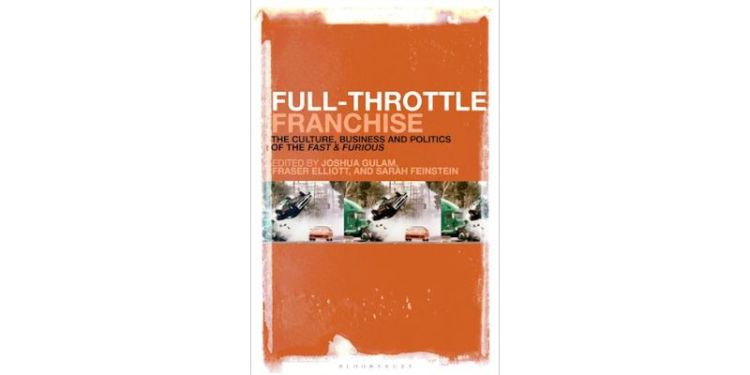 Front cover of the book 'Full-throttle franchise' - an orange background with three identical small images taken from a film set of two cars crashing with an articulated lorry.