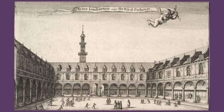 A seventeenth-century woodcut of the London Exchange. Colonnaded buildings surround a courtyard in which people can be seen talking and children playing.