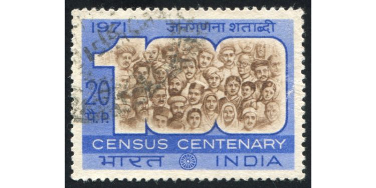 A blue stamp with many hand-drawn faces. Text reds 1971 Census Centenary India