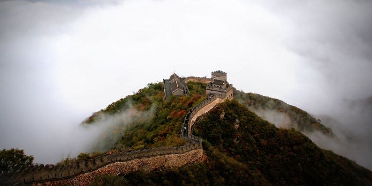 Aerial shot of the Great Wall of China in mist