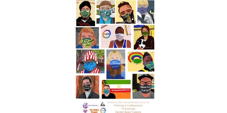 Poster of drawings of the Shiloh Project partners on a zoom call making a pledge for International Women's Day 2021