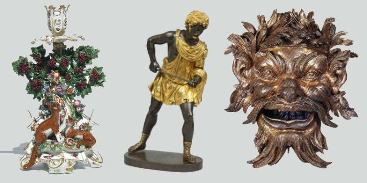 Images of antiques: pair of Chelsea candlesticks; Statuette Meleager Antico Mantua; bronze mask.