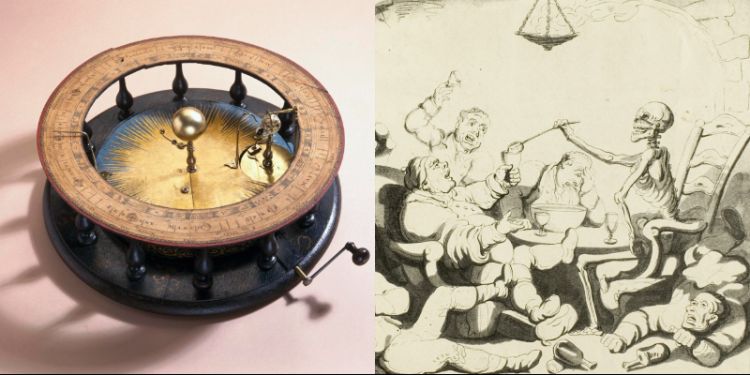 On the left an Orrery with original winding handle. On the right a lithograph on paper called The Last Drop by Charles Joseph Hullmande