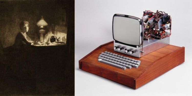 Artwork of a person sitting at a desk by candlelight next to a photo of an old computer
