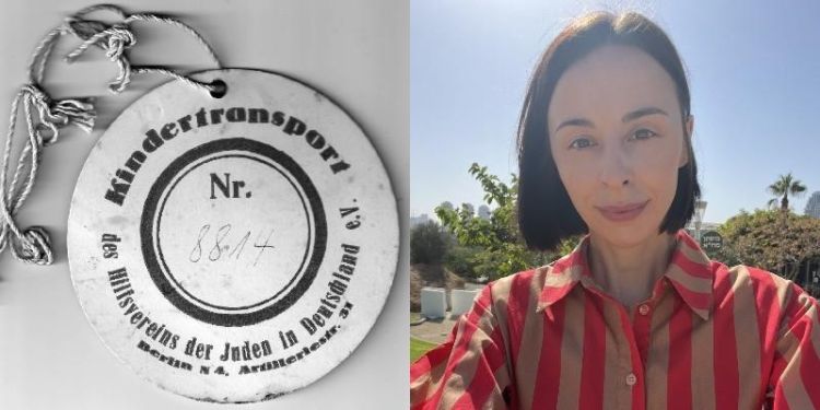 From left: Kindertransport tag of Hannah Zack Miley (Bonn, Germany, 24 July, 1939; Photo of Amy Williams.