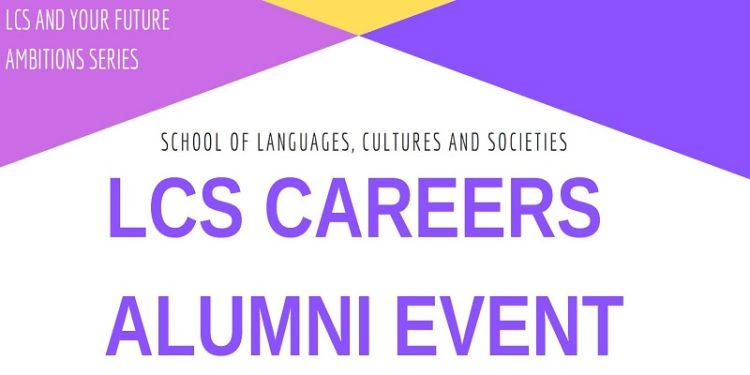 Colourful text poster for the LCS Careers Alumni event