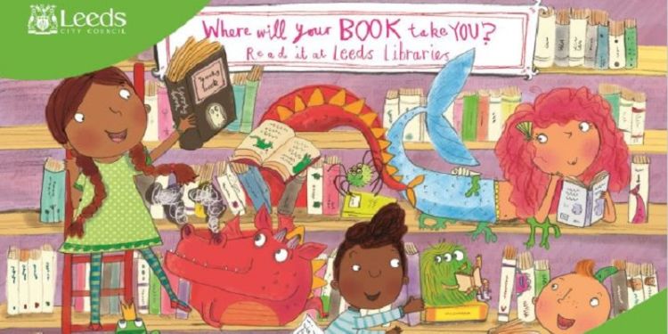 Cartoon drawing of children in a library with fantasy, storybook characters.