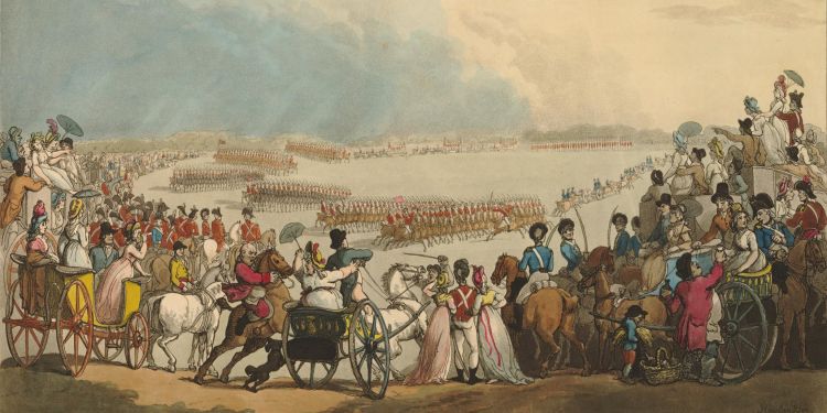An eighteenth century satirical etching and aquatint showing a semicircle of spectators borders a wide space on which cavalry gallop in regular procession.