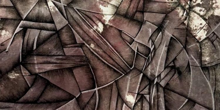 Abstract mixed media artwork using red and black ink and acrylic paint on a
cream canvas with white and black lines to create triangular forms.