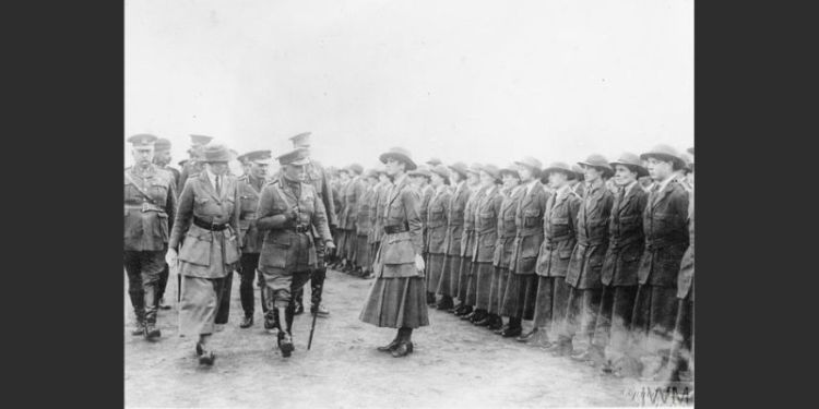 Field Marshal Lord John French inspects the Glasgow Battalion, Women's Volunteer Reserve, ca. 1915.