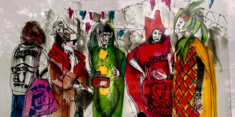 Five people, three in fancy dress