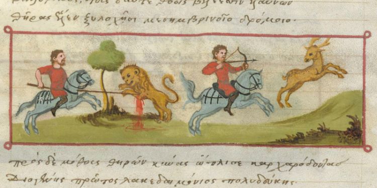 Hunting scene from a medieval manuscript. One mounted hunter impales a lion on a spear while another shoots an arrow at a stag