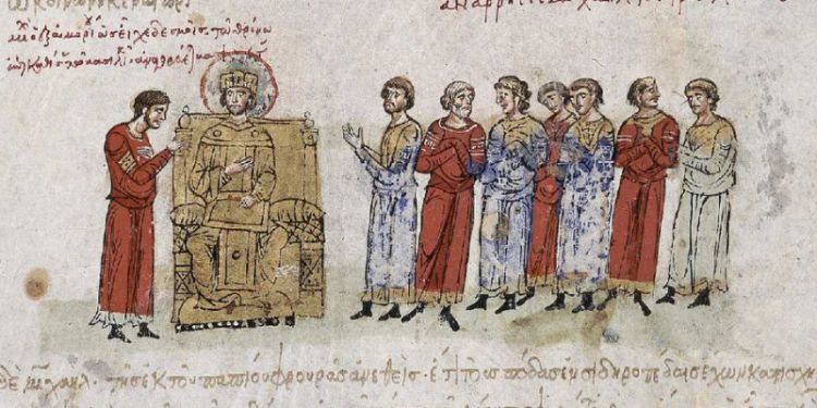 A medieval illustration of a Byzantine emperor on a throne, surrounded by attendants