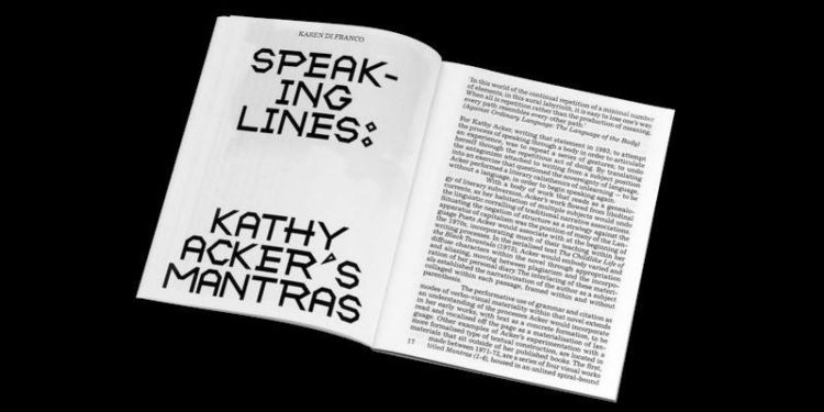 Image of magazine spread of Karen Di Franco's essay ‘Speaking Lines: Kathy Acker’s Mantras’, in Tinted Window, issue 2, Autumn 2019.