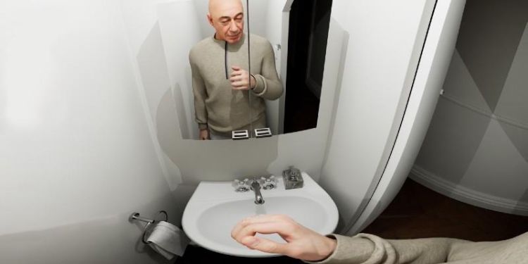 Screenshot of virtual reality film showing person looking at their hand and their reflection in a mirror above a sink